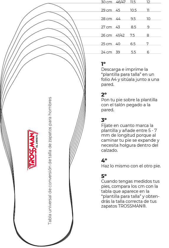 Tabla universal de conversión talla de zapatos para hombres. - TROSSMAN